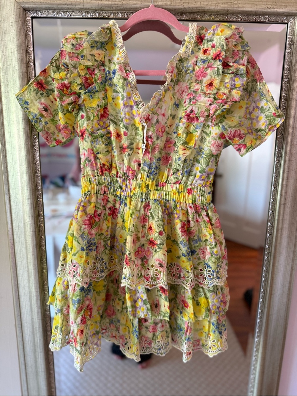 LoveShackFancy Yellow Floral Ruffle Mini Dress with Lace Trim